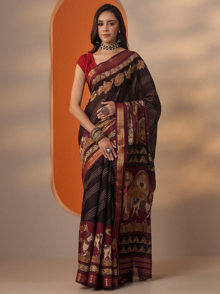 Black Printed Silk Blend Saree With Unstitched Blouse Piece