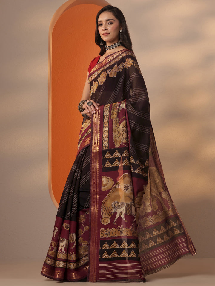 Black Printed Silk Blend Saree With Unstitched Blouse Piece