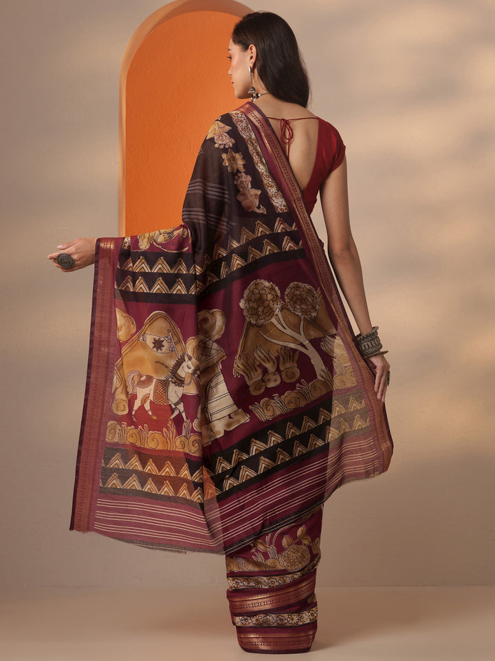 Black Printed Silk Blend Saree With Unstitched Blouse Piece