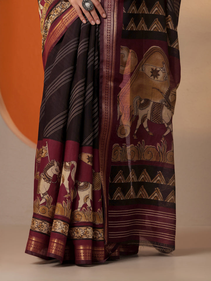 Black Printed Silk Blend Saree With Unstitched Blouse Piece