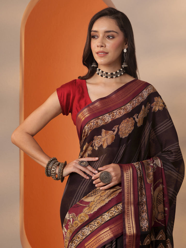 Black Printed Silk Blend Saree With Unstitched Blouse Piece