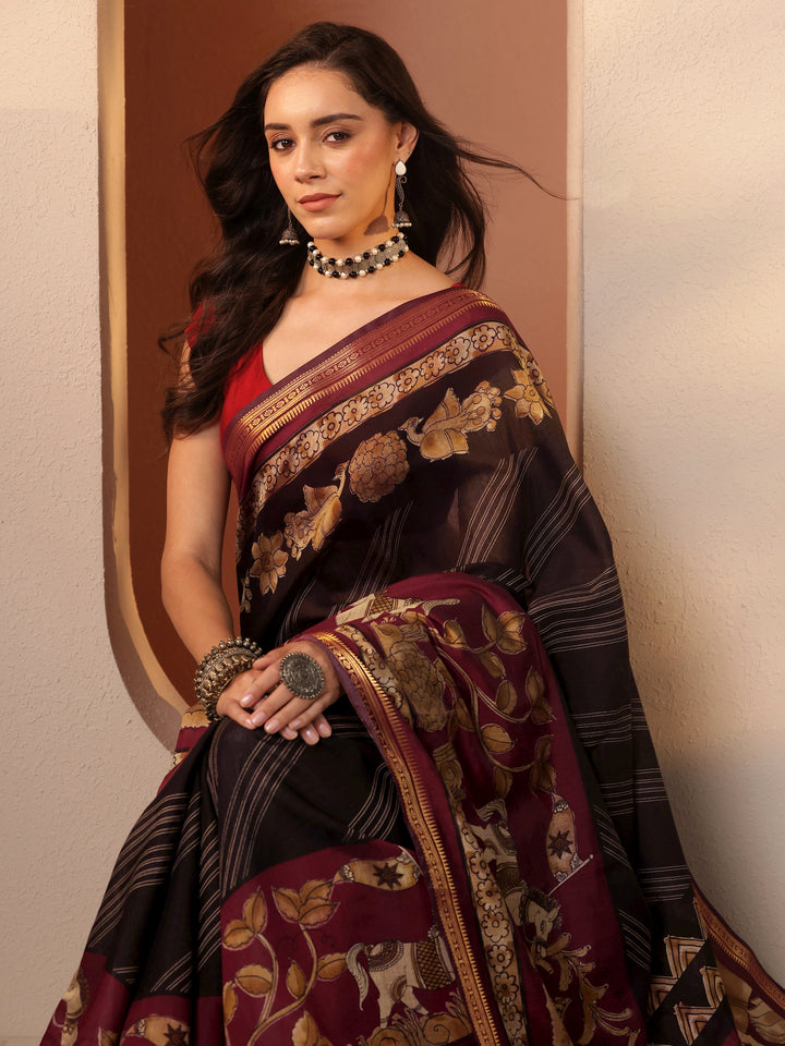 Black Printed Silk Blend Saree With Unstitched Blouse Piece