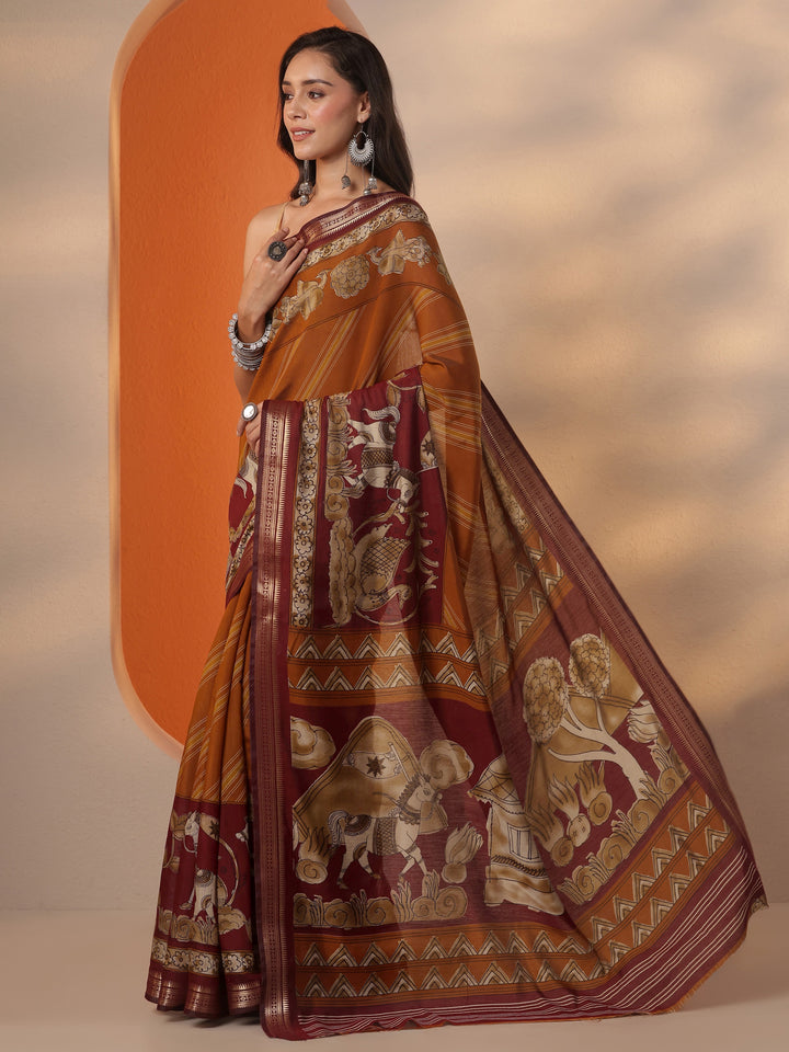 Orange Printed Silk Blend Saree With Unstitched Blouse Piece