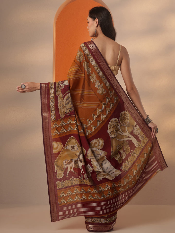 Orange Printed Silk Blend Saree With Unstitched Blouse Piece
