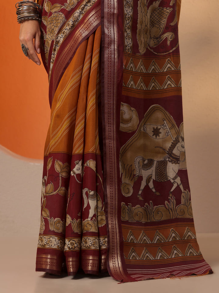 Orange Printed Silk Blend Saree With Unstitched Blouse Piece