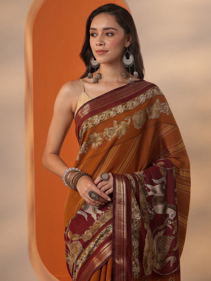 Orange Printed Silk Blend Saree With Unstitched Blouse Piece