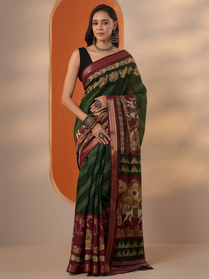 Green Printed Silk Blend Saree With Unstitched Blouse Piece