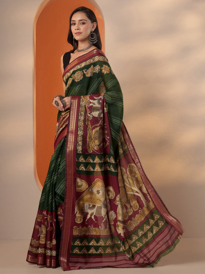 Green Printed Silk Blend Saree With Unstitched Blouse Piece