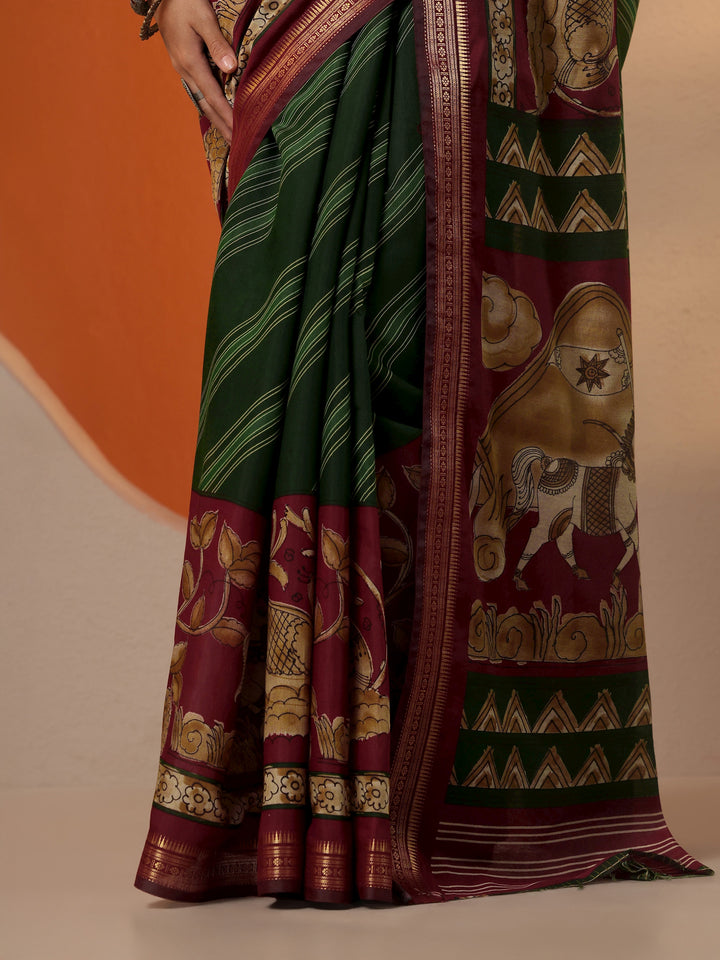 Green Printed Silk Blend Saree With Unstitched Blouse Piece