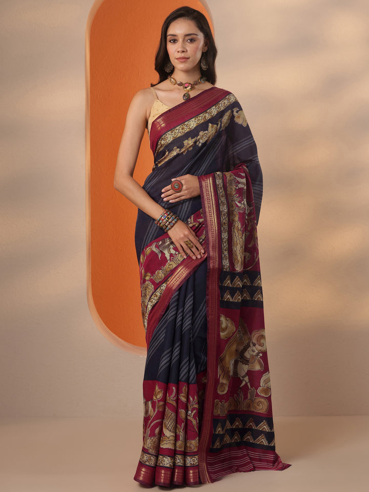 Navy Blue Printed Silk Blend Saree With Unstitched Blouse Piece
