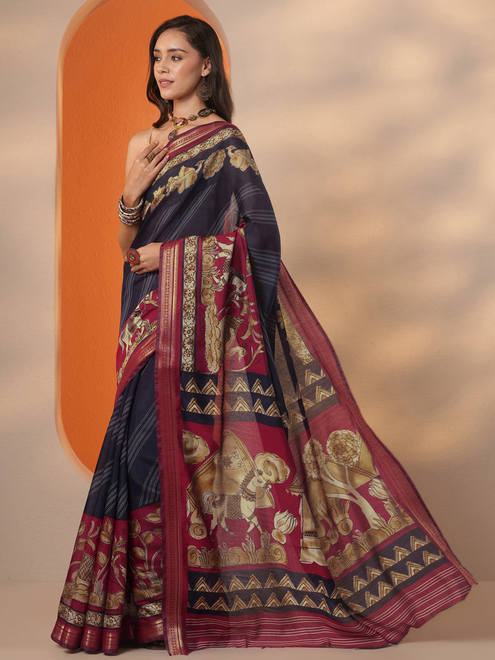Navy Blue Printed Silk Blend Saree With Unstitched Blouse Piece