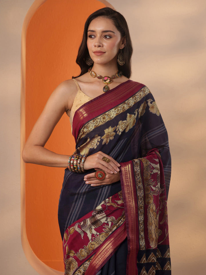 Navy Blue Printed Silk Blend Saree With Unstitched Blouse Piece