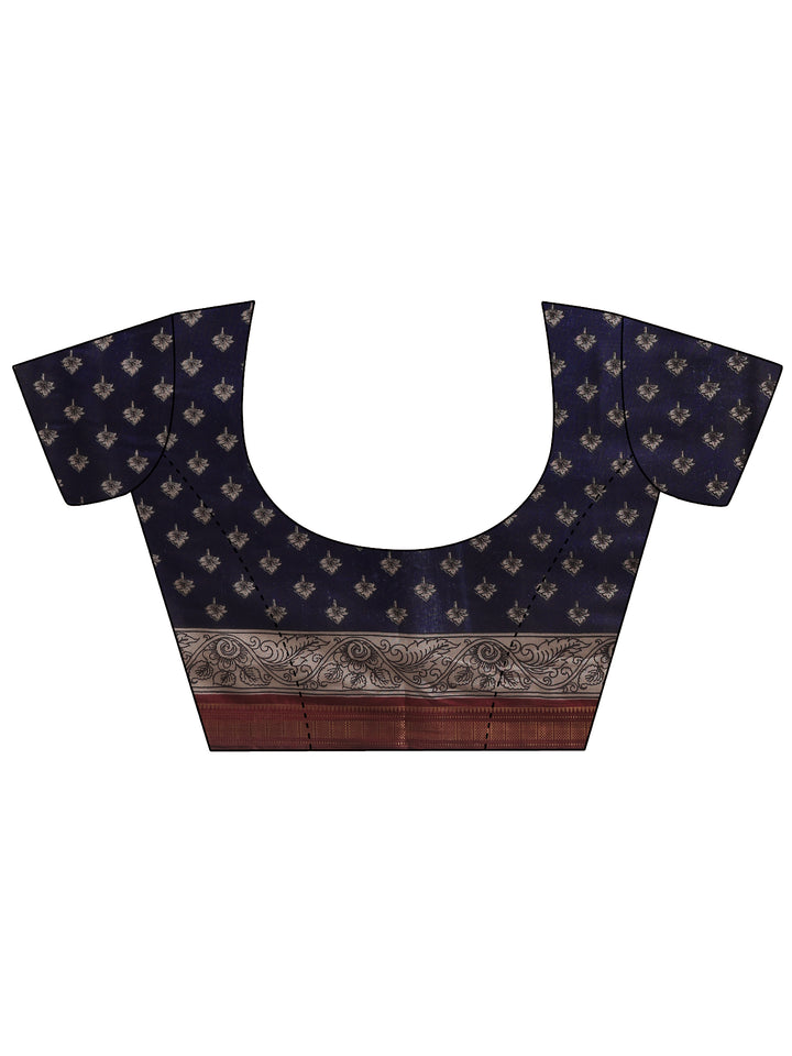 Navy Blue Printed Silk Blend Saree With Unstitched Blouse Piece