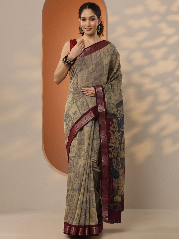 Beige Printed Silk Blend Saree With Unstitched Blouse Piece