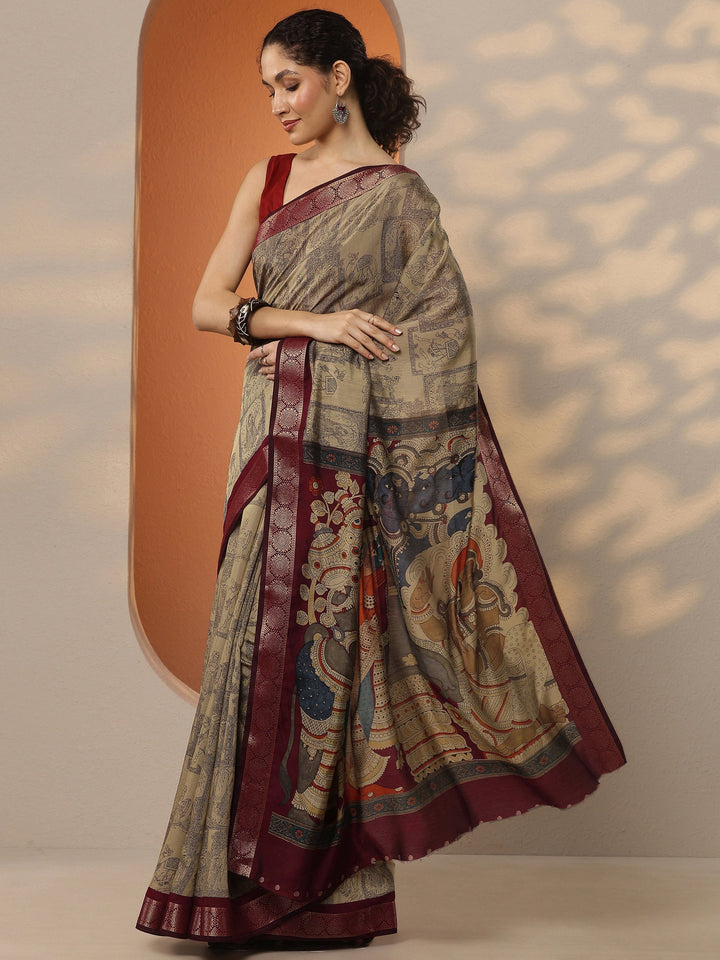 Beige Printed Silk Blend Saree With Unstitched Blouse Piece