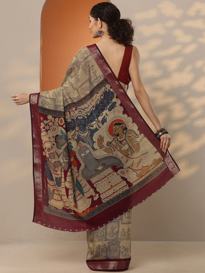 Beige Printed Silk Blend Saree With Unstitched Blouse Piece
