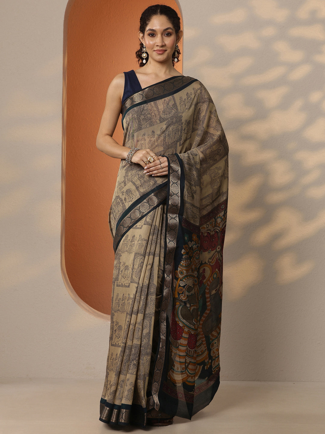 Beige Printed Silk Blend Saree With Unstitched Blouse Piece