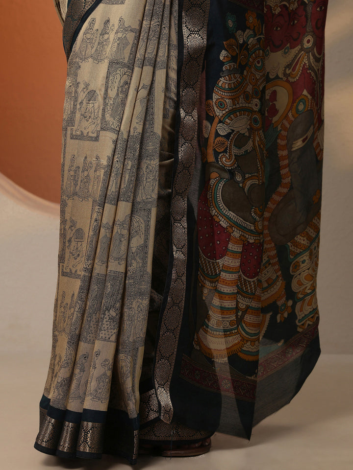 Beige Printed Silk Blend Saree With Unstitched Blouse Piece