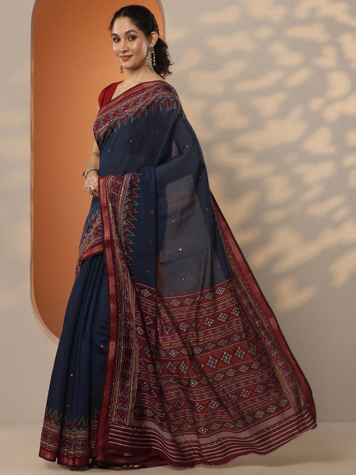 Navy Blue Solid Silk Blend Saree With Unstitched Blouse Piece