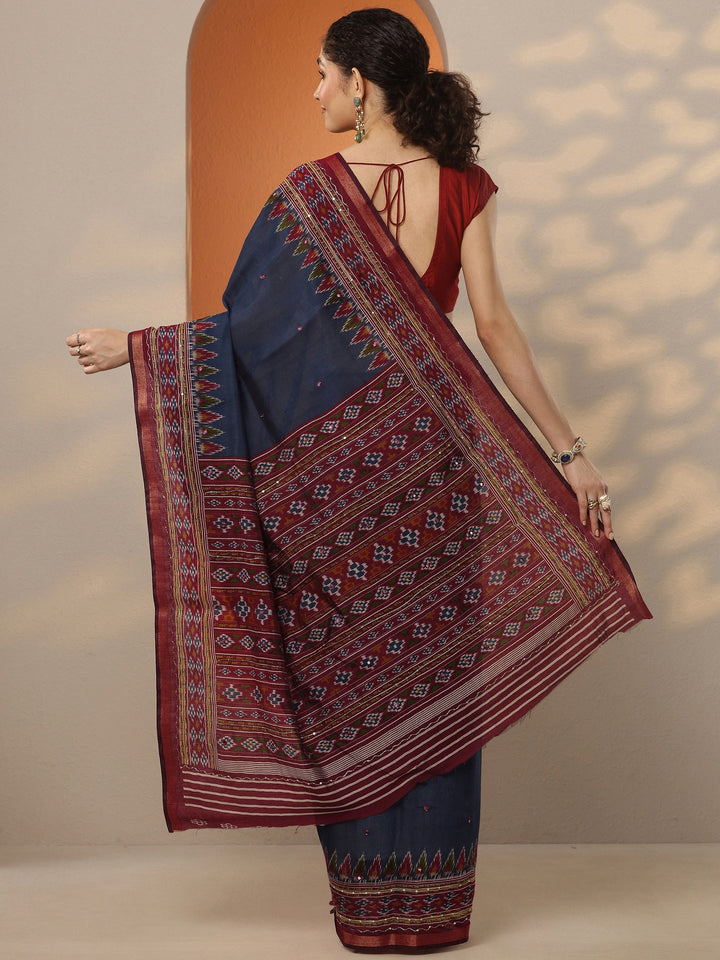 Navy Blue Solid Silk Blend Saree With Unstitched Blouse Piece