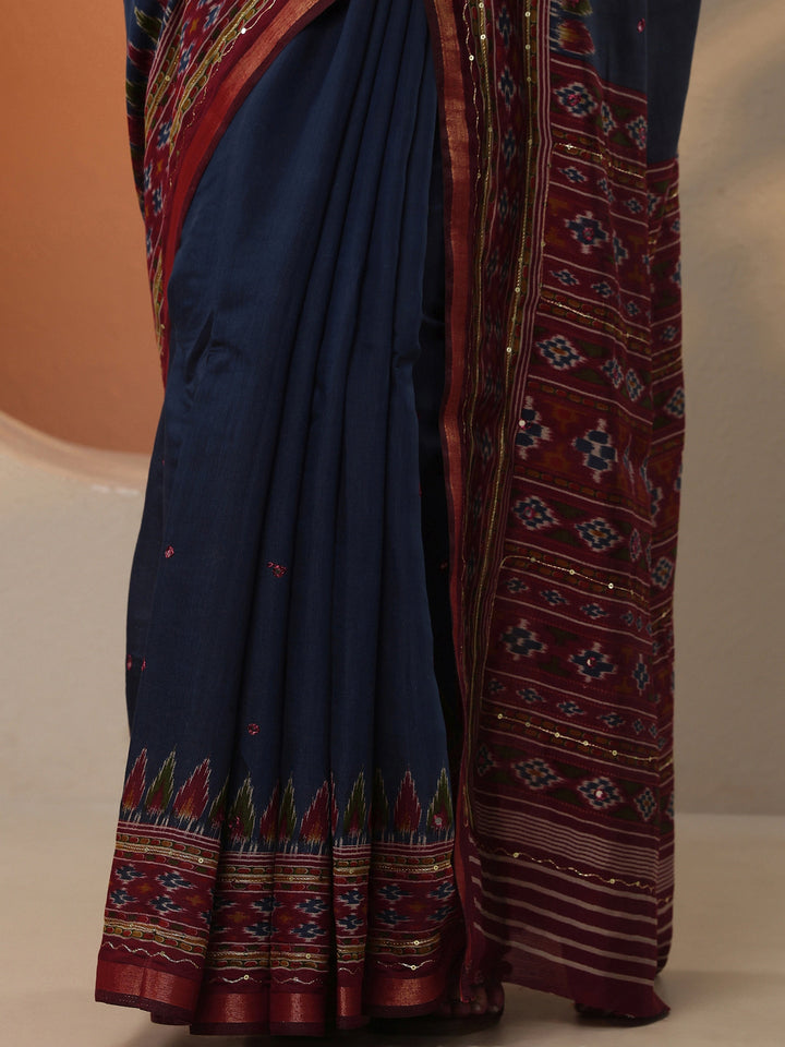 Navy Blue Solid Silk Blend Saree With Unstitched Blouse Piece