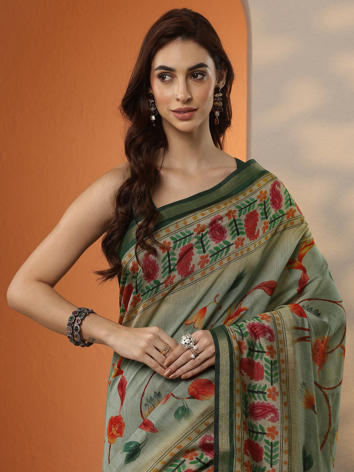 Green Printed Silk Blend Saree With Unstitched Blouse Piece