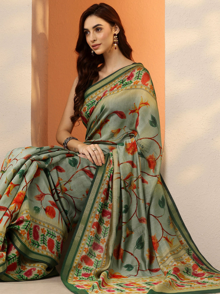 Green Printed Silk Blend Saree With Unstitched Blouse Piece