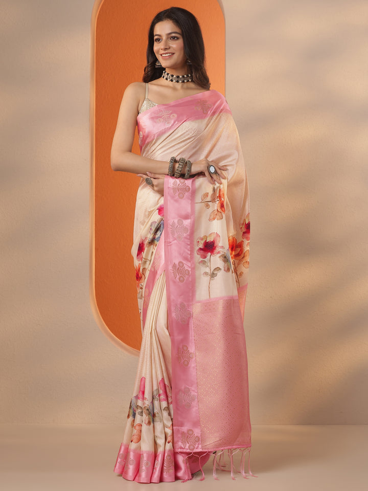Cream Printed Silk Blend Saree With Unstitched Blouse Piece