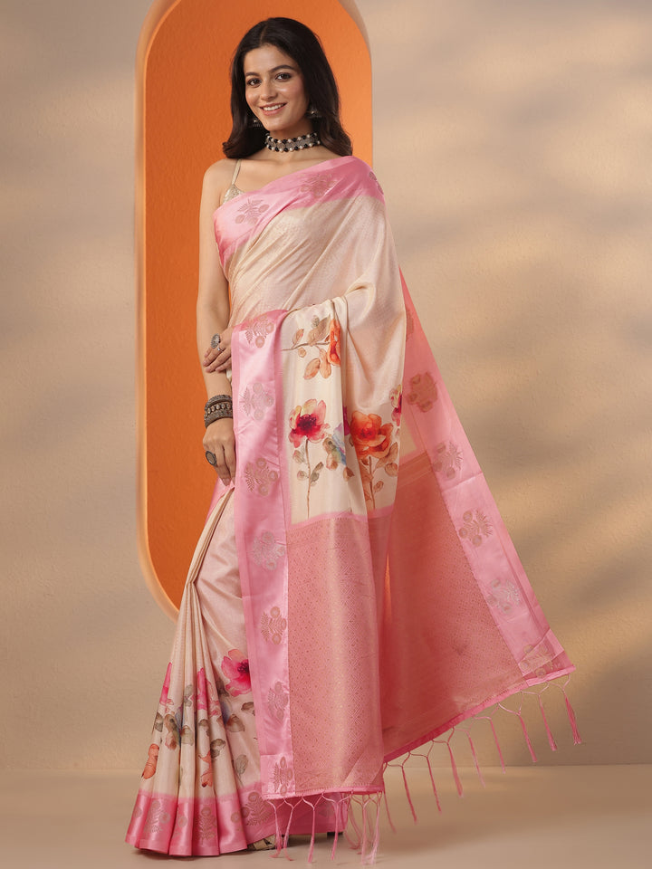 Cream Printed Silk Blend Saree With Unstitched Blouse Piece