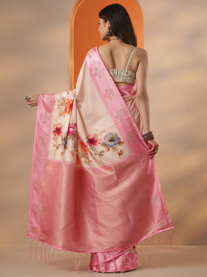 Cream Printed Silk Blend Saree With Unstitched Blouse Piece