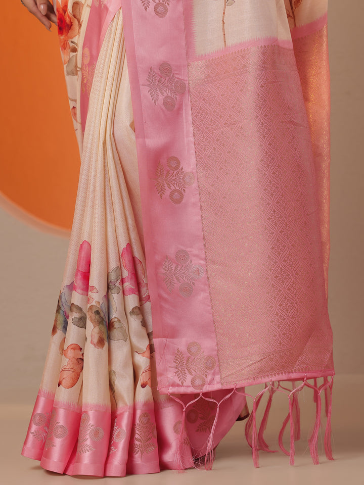Cream Printed Silk Blend Saree With Unstitched Blouse Piece