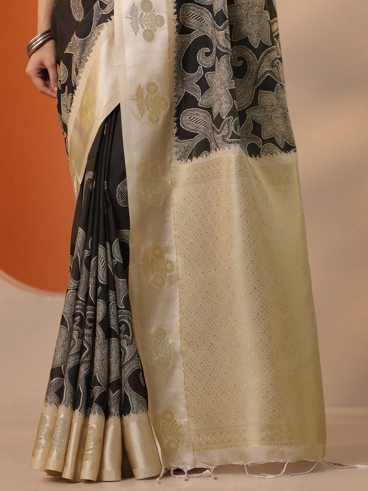 Black Printed Silk Blend Saree With Unstitched Blouse Piece