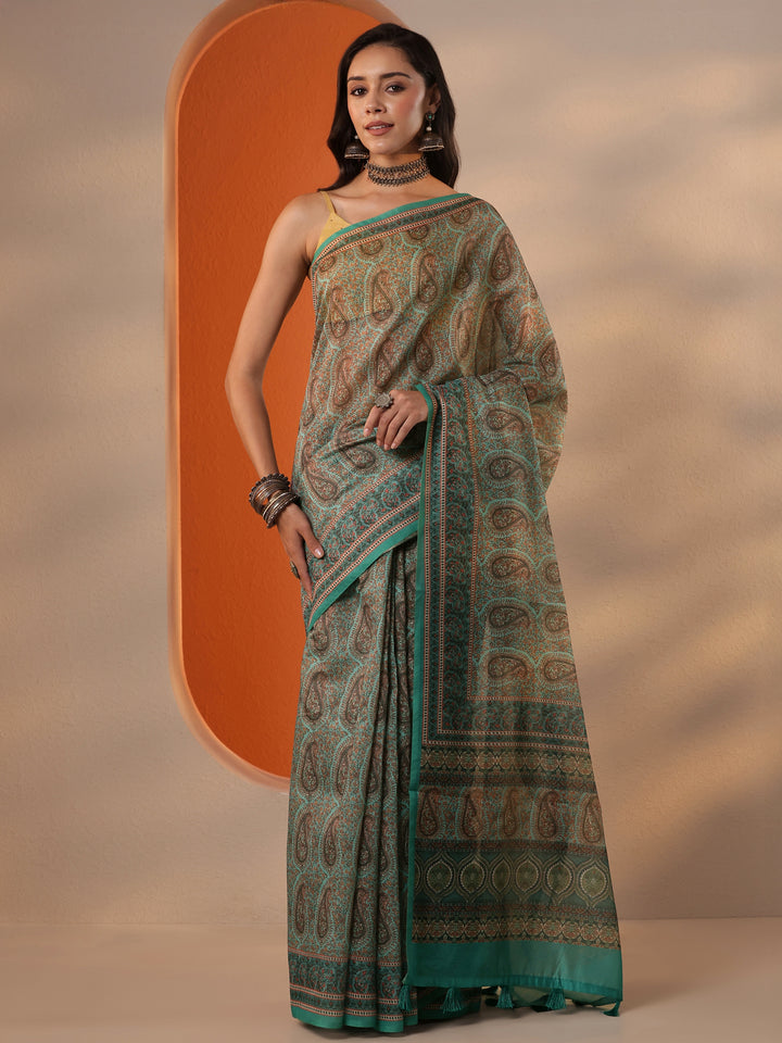 Blue Printed Silk Blend Saree With Unstitched Blouse Piece