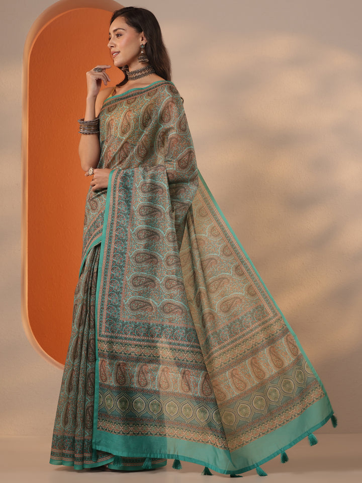 Blue Printed Silk Blend Saree With Unstitched Blouse Piece