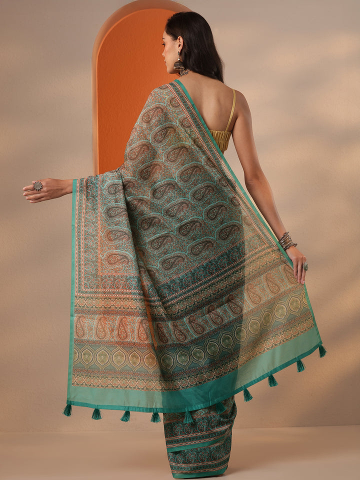 Blue Printed Silk Blend Saree With Unstitched Blouse Piece