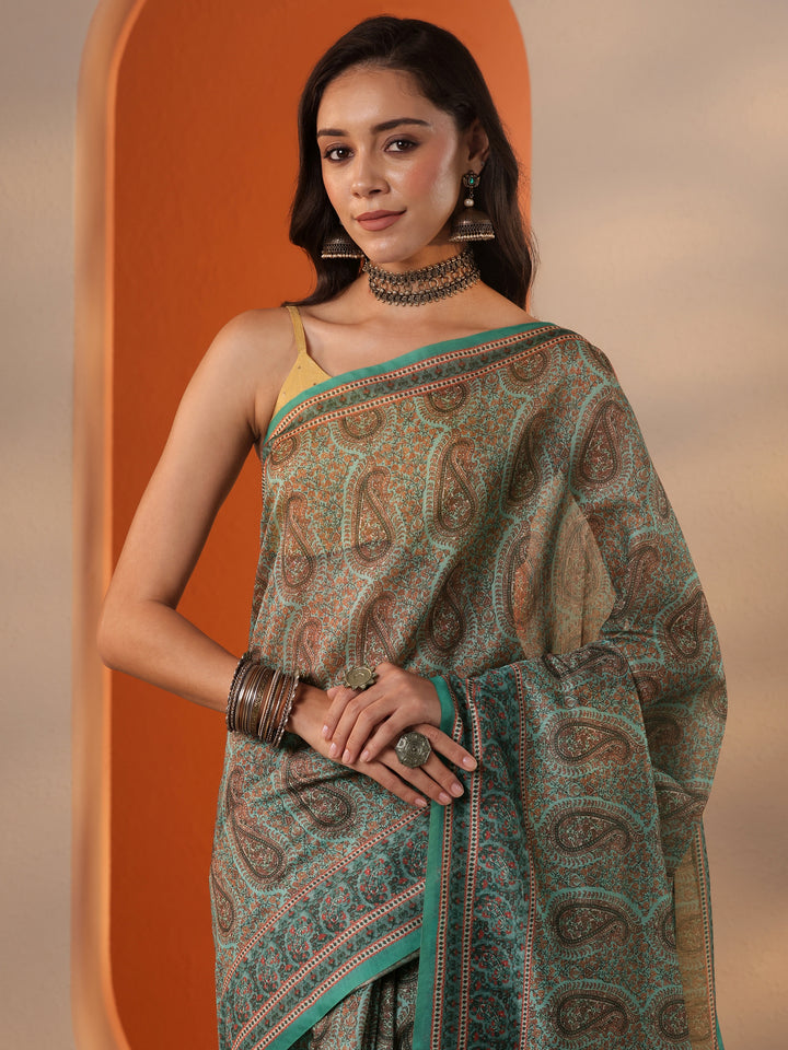 Blue Printed Silk Blend Saree With Unstitched Blouse Piece