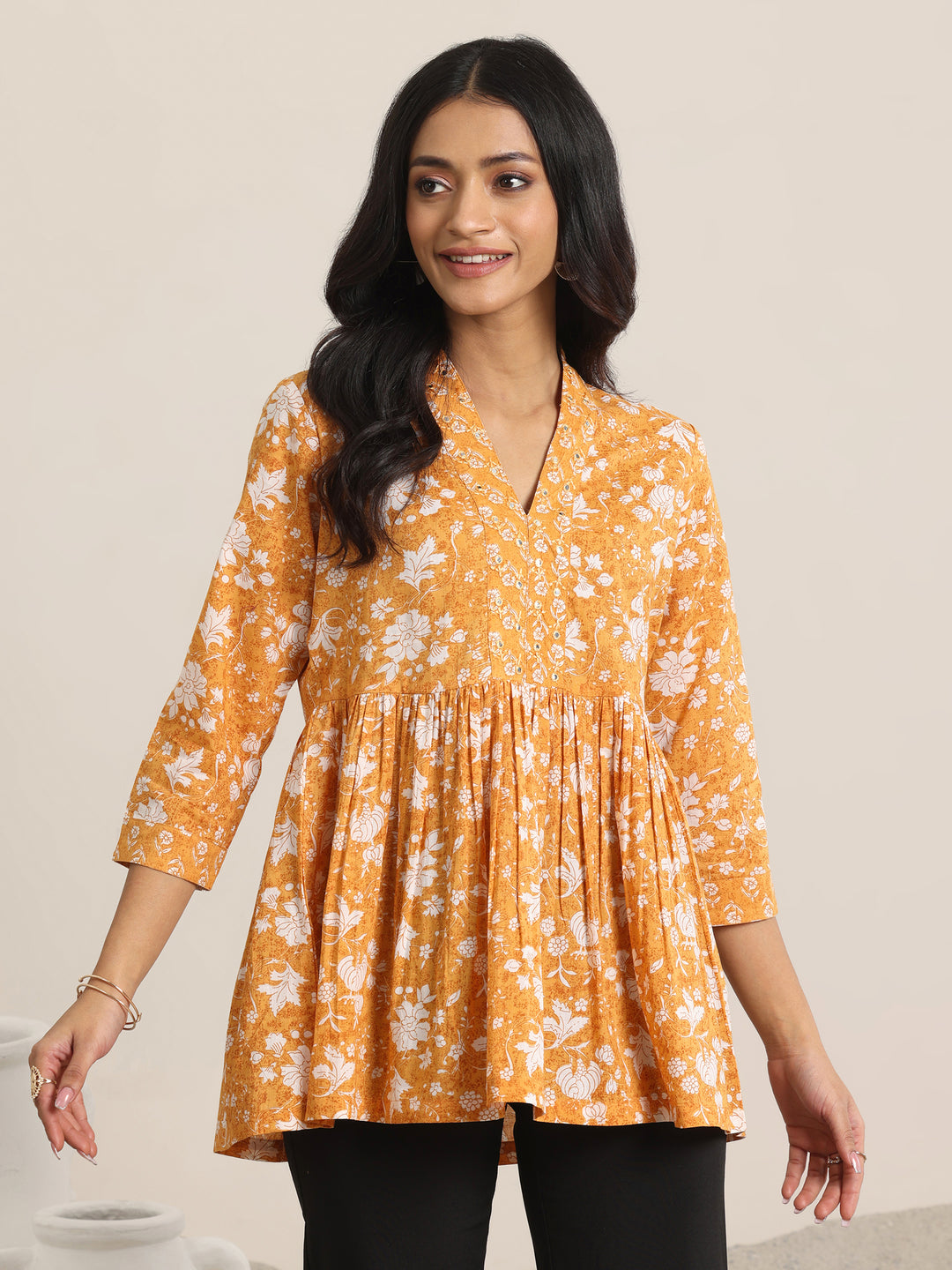 Mustard Printed Cotton Anarkali Short Kurti
