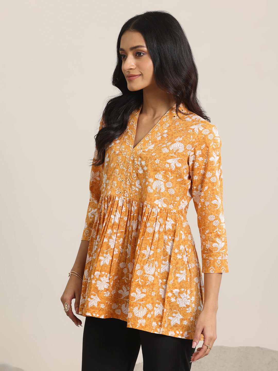 Mustard Printed Cotton Anarkali Short Kurti
