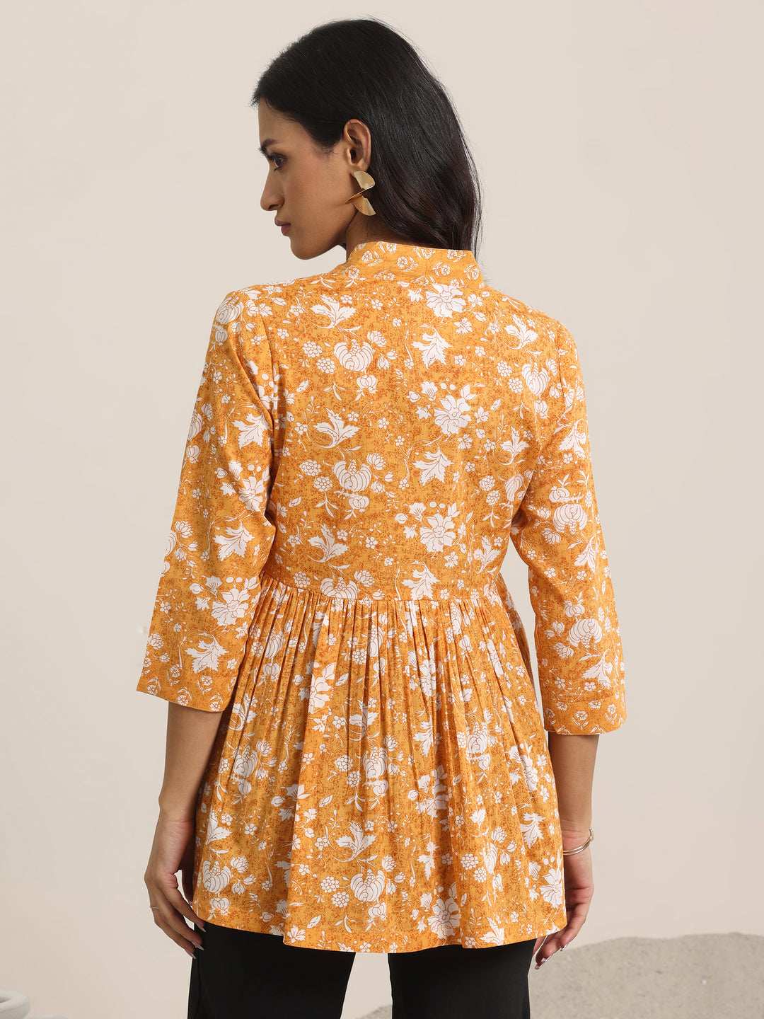 Mustard Printed Cotton Anarkali Short Kurti