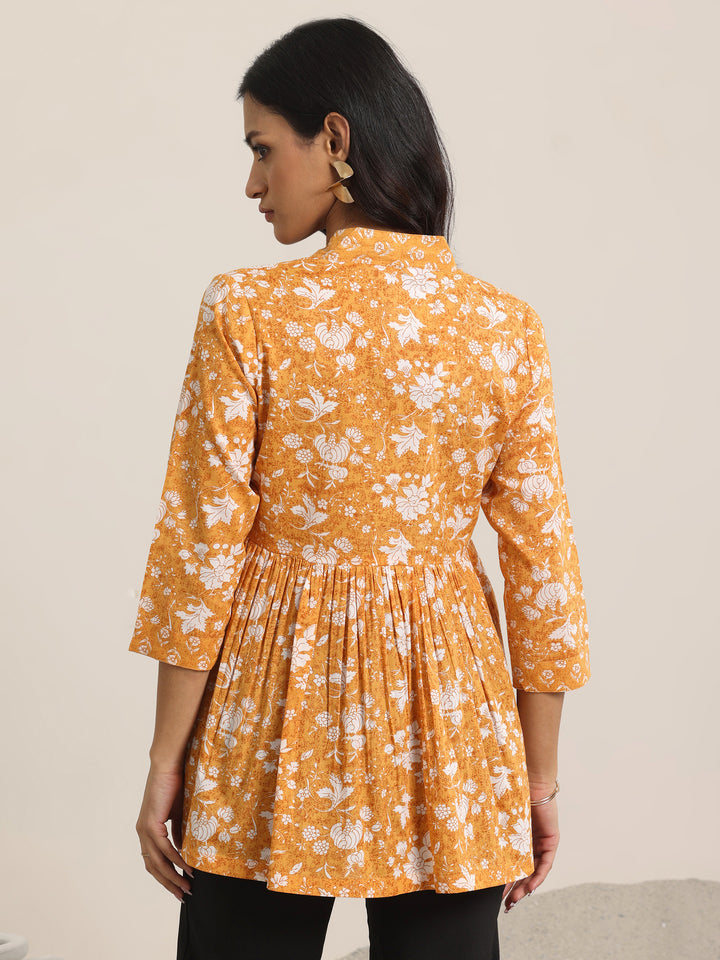 Mustard Printed Cotton Anarkali Short Kurti
