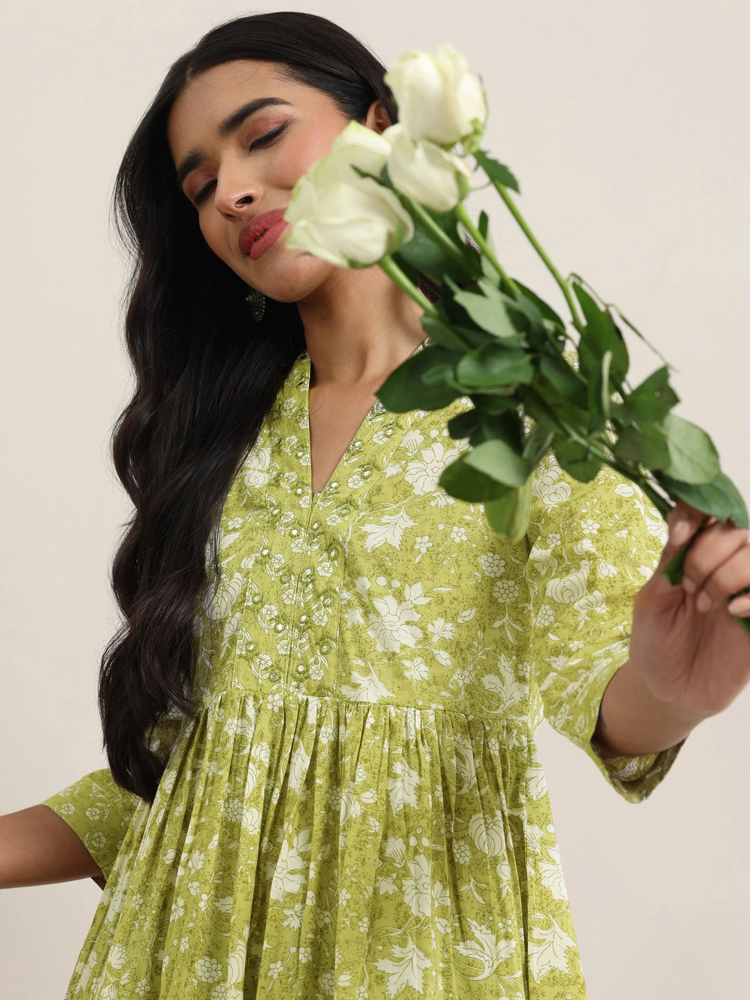 Green Printed Cotton Anarkali Kurti
