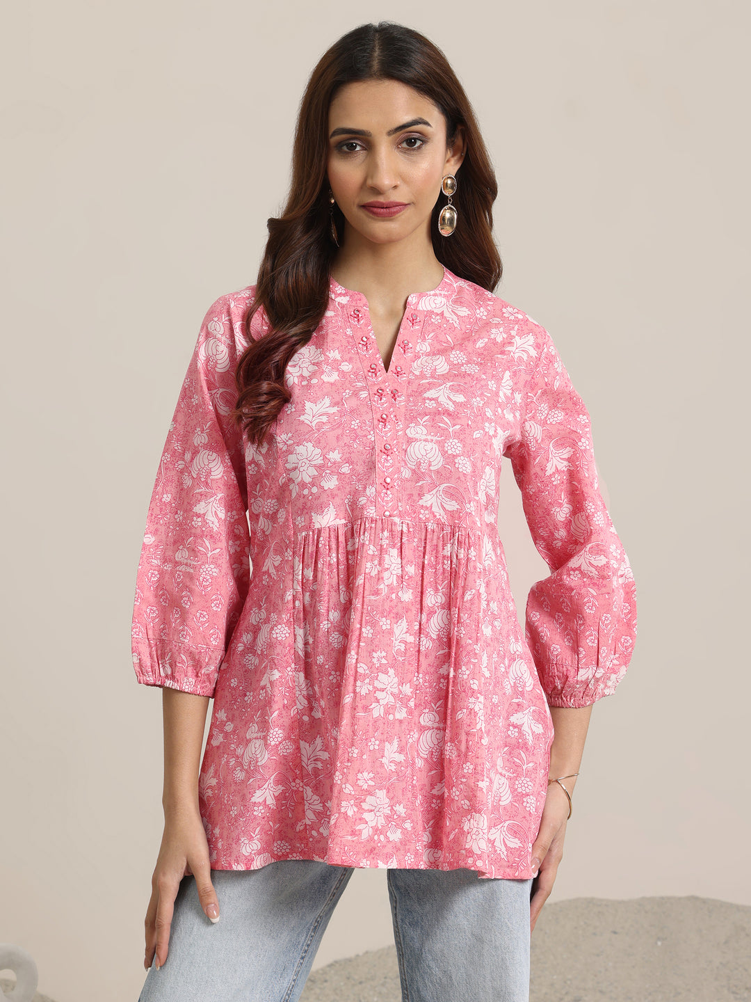 Pink Printed Cotton Anarkali Short Kurti