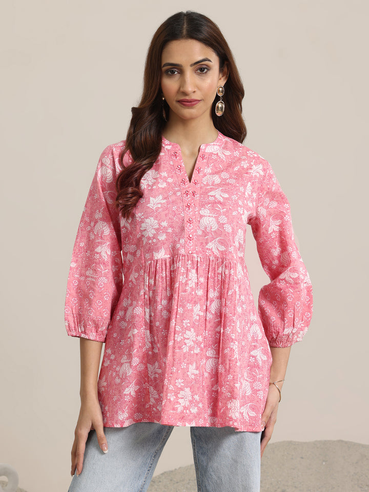 Pink Printed Cotton Anarkali Short Kurti