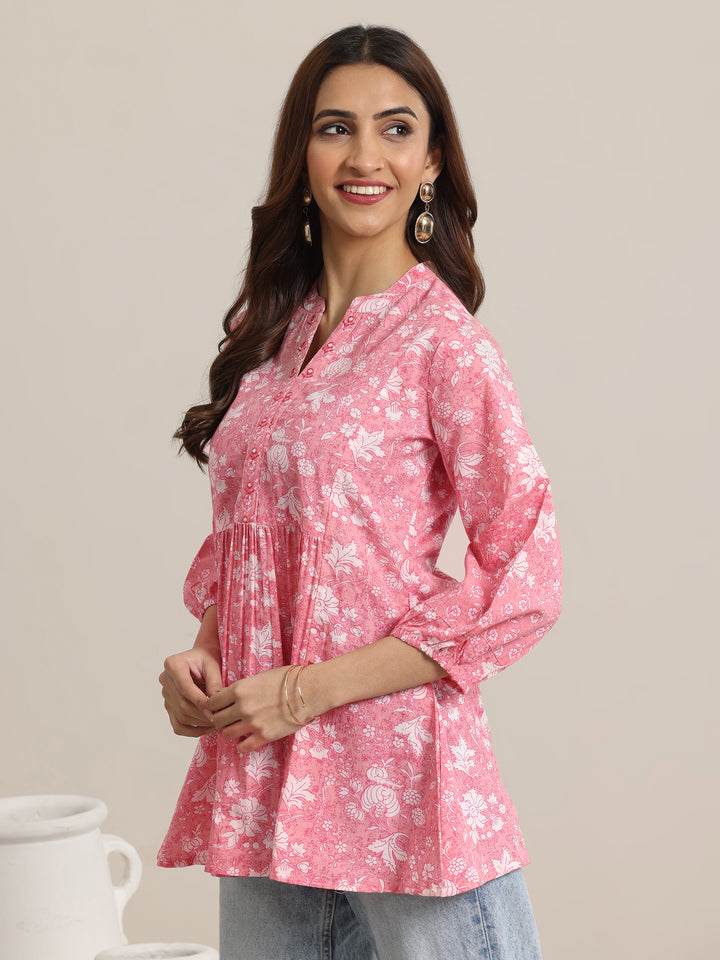 Pink Printed Cotton Anarkali Short Kurti