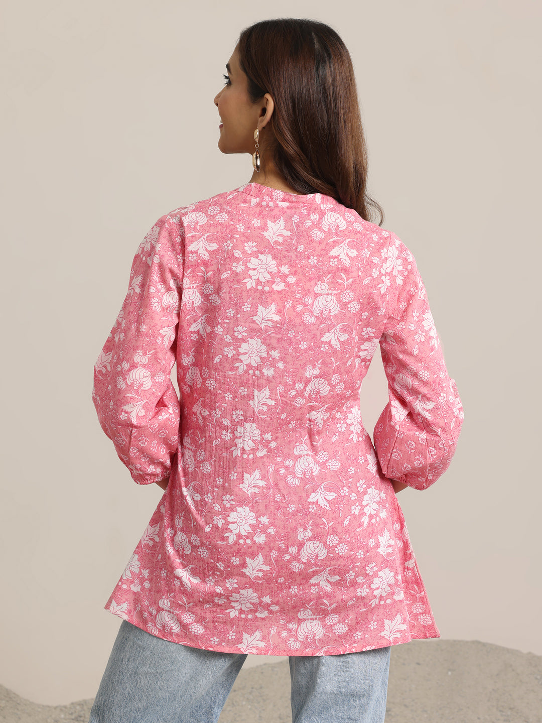 Pink Printed Cotton Anarkali Short Kurti