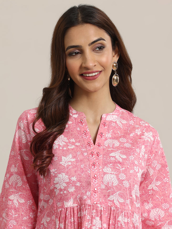 Pink Printed Cotton Anarkali Short Kurti