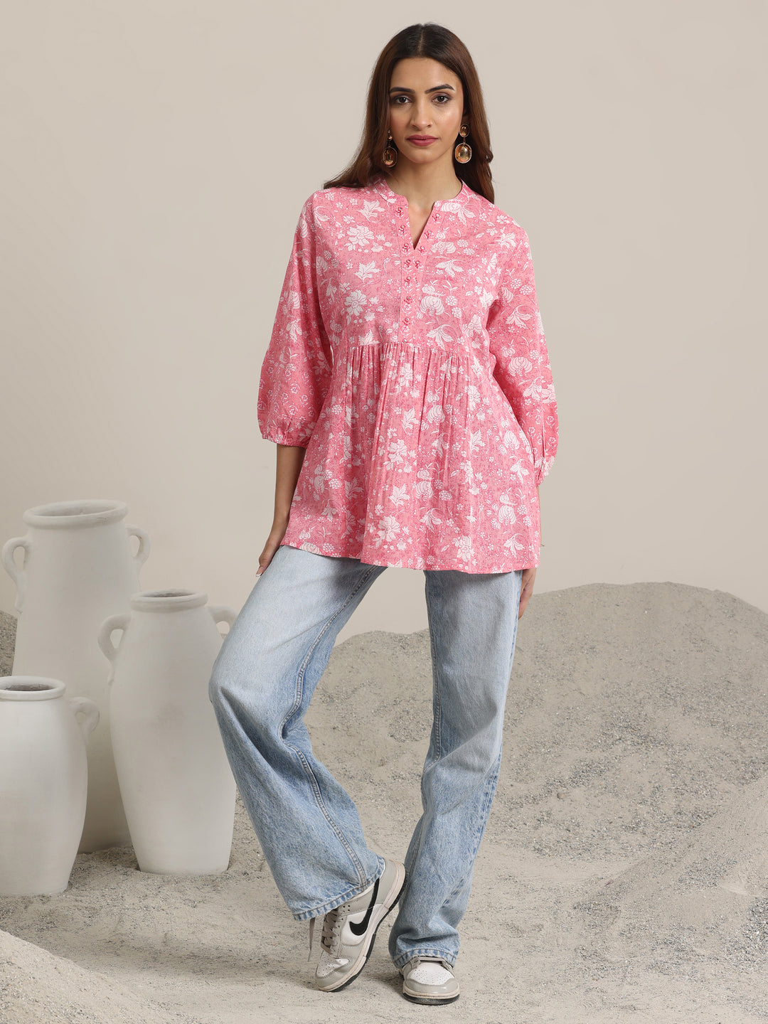 Pink Printed Cotton Anarkali Short Kurti