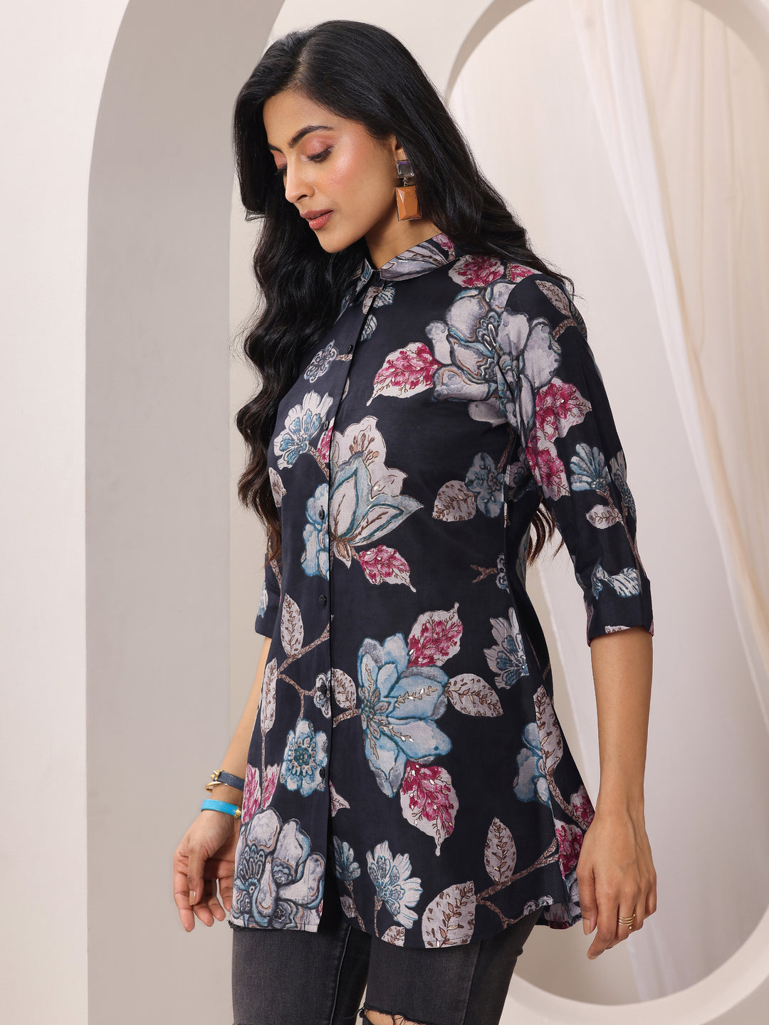 Black Printed Silk Blend Straight Short Kurti