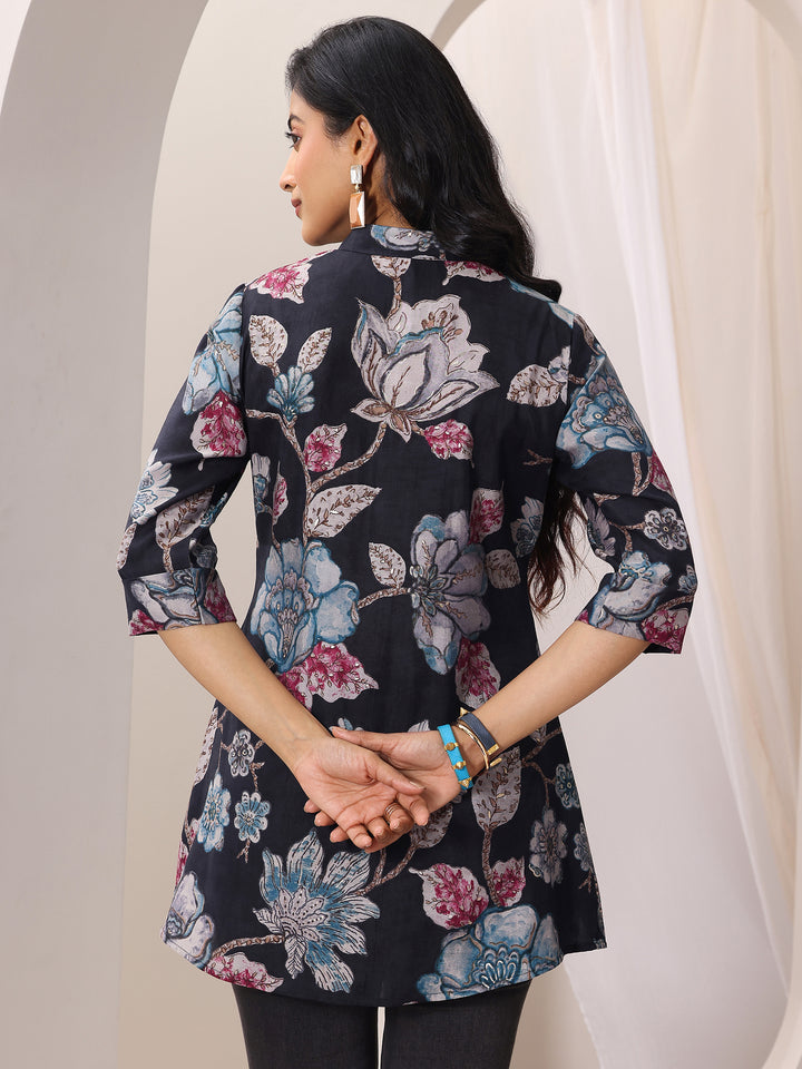 Black Printed Silk Blend Straight Short Kurti