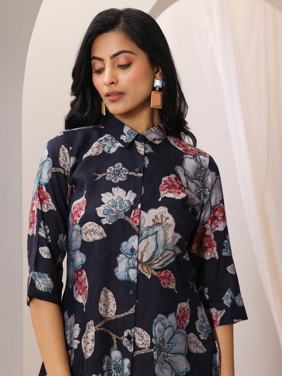 Black Printed Silk Blend Straight Short Kurti